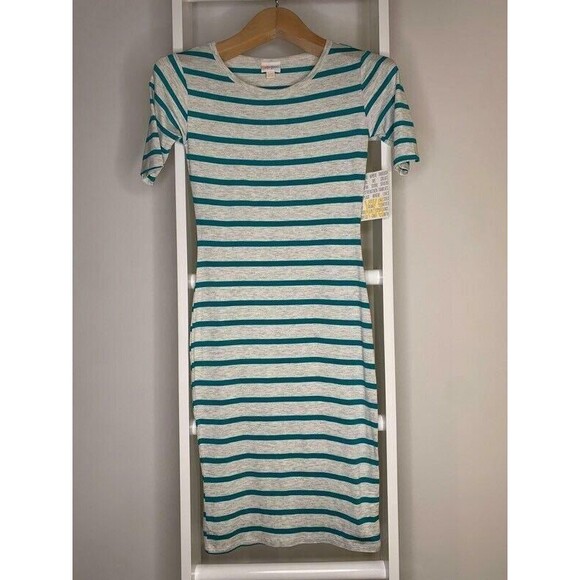 LuLaRoe Dress Womens XXS Gray Green Stripe T Shirt Stretch Short Sleeve Crew NEW - Picture 1 of 8
